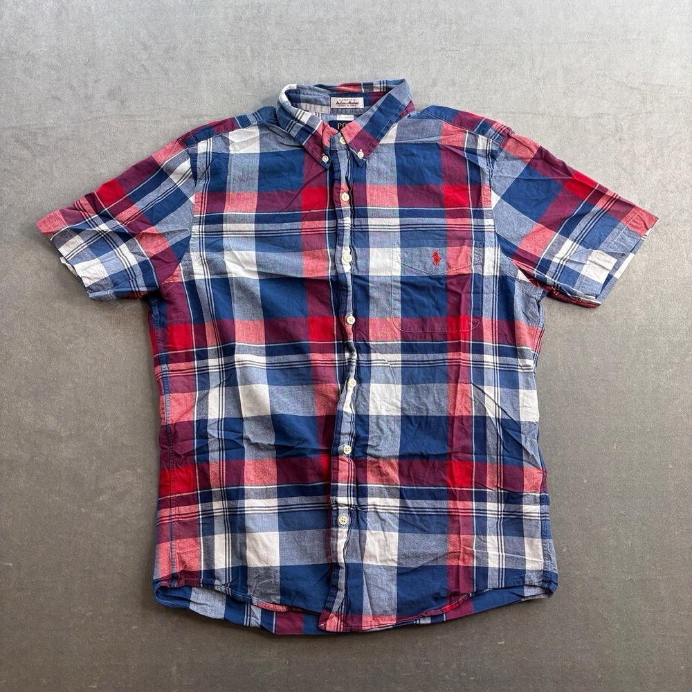 Ralph Lauren Indian Madras Plaid Shirt Men's M Short Sleeve Cotton Button Down